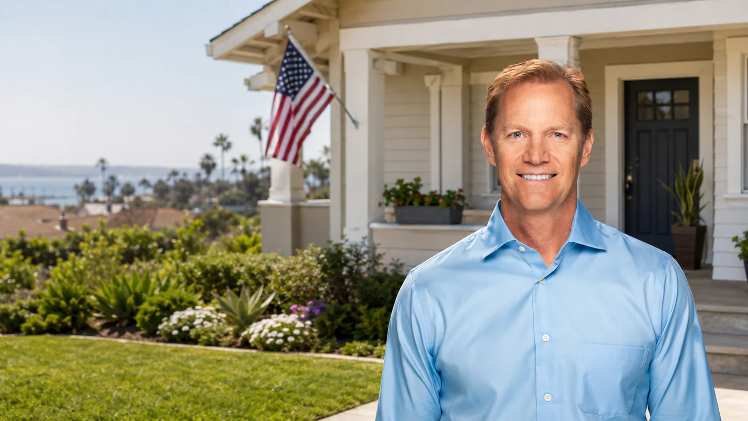 Tim Storm, Mortgage Advisor, standing outside a coastal home
